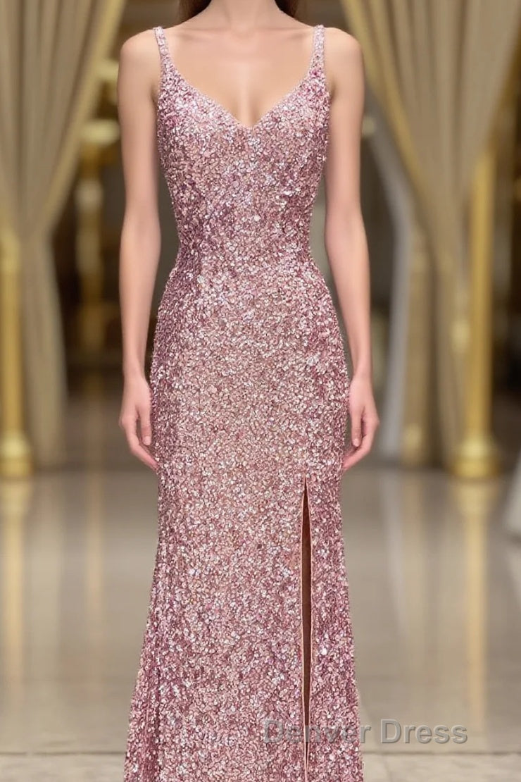 Gorgeous Mermaid V-Neck Pearl Pink Long Prom Dresses with Slit Main image