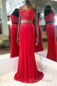 Elegant Two Piece Sweetheart Beaded Red Prom Dresses with Lace-up Back