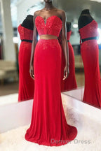 Elegant Two Piece Sweetheart Beaded Red Prom Dresses with Lace up Back