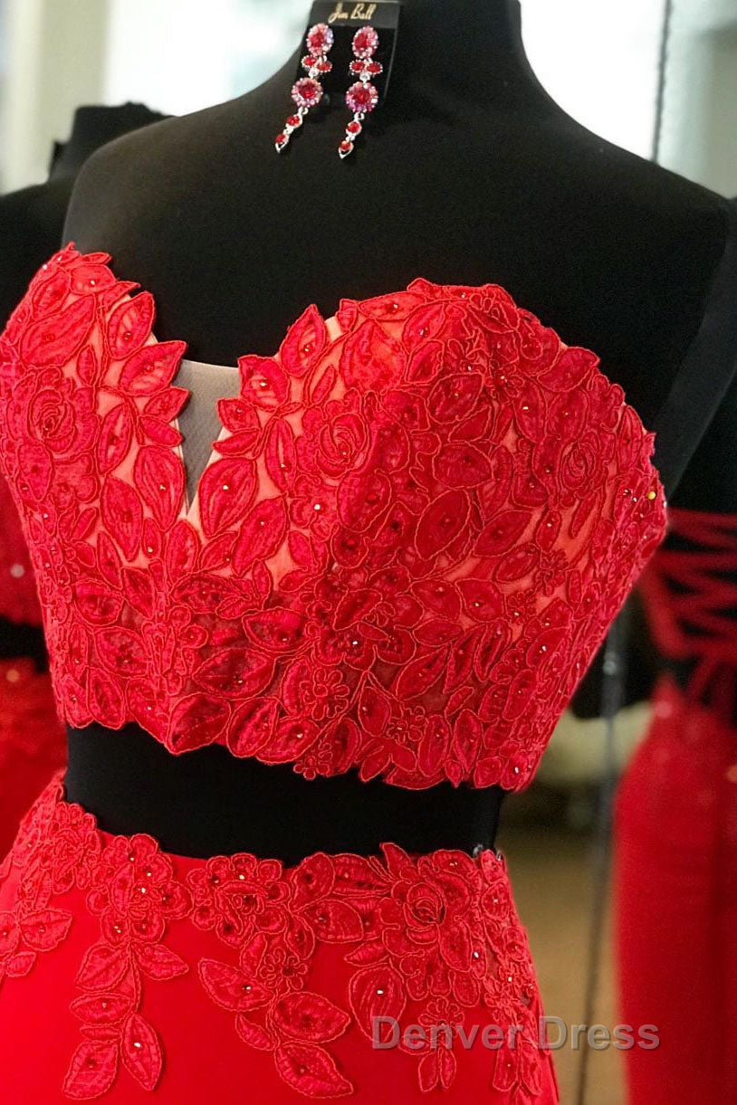 Elegant Two Piece Sweetheart Beaded Red Prom Dresses with Lace up Back Secondary image
