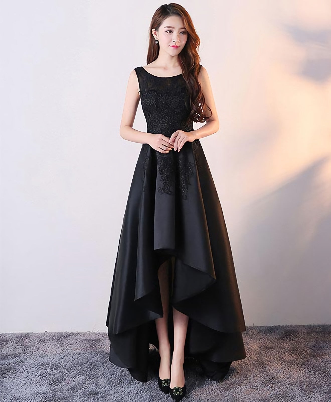 Black Round Neck Satin Lace High Low Prom Dress Black Homecoming Dresses Main image