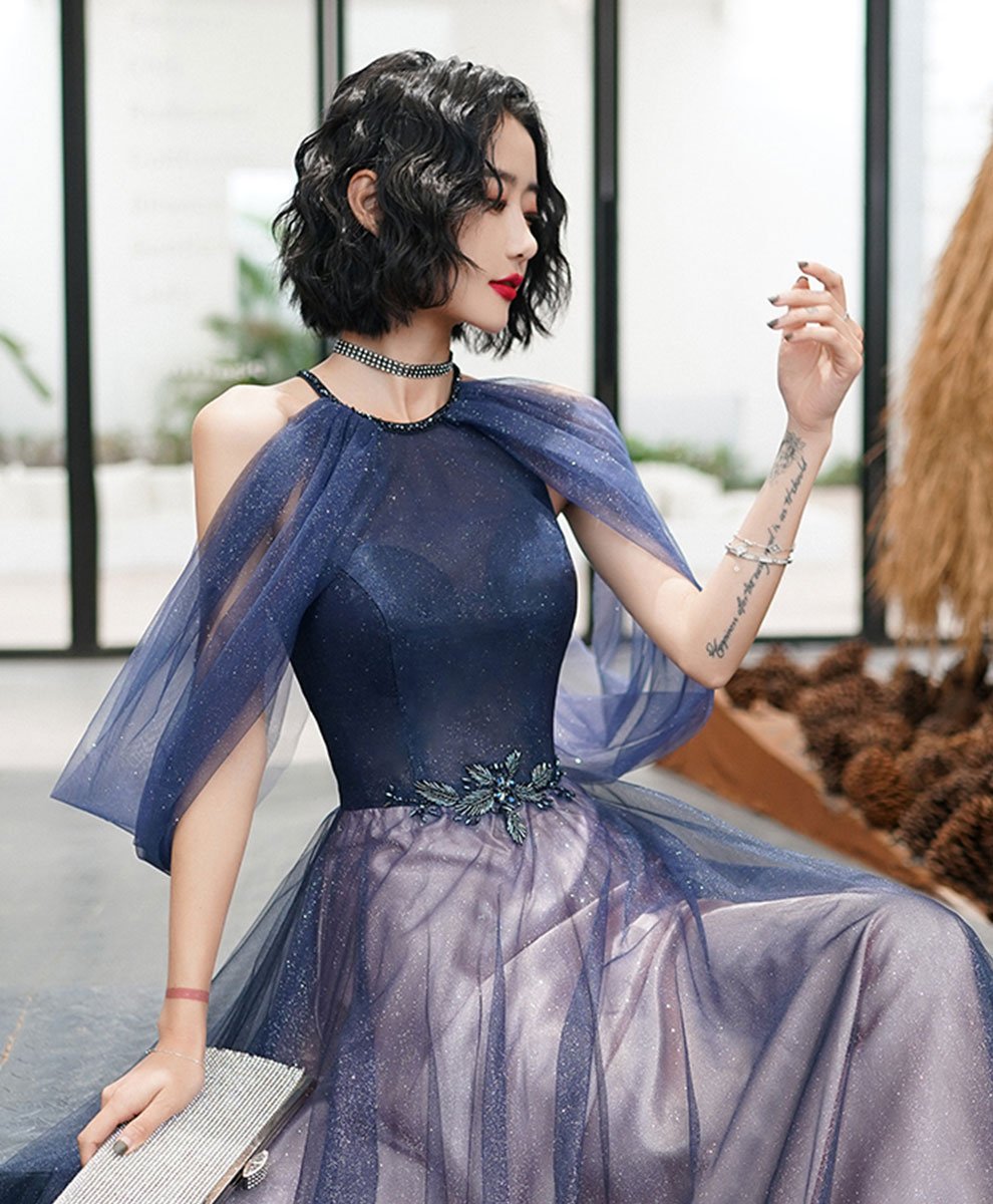 Blue Tulle Sequin Long Prom Dress Blue Tulle Prom Dresses