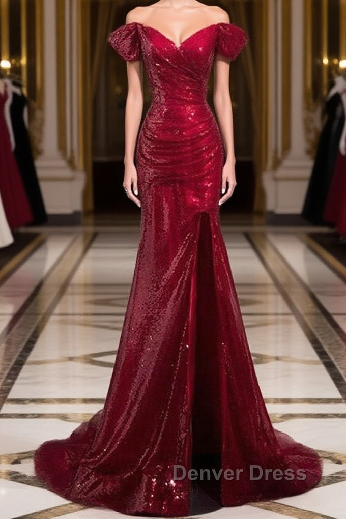 Dark Red Sequins Mermaid Sweetheart Prom Dress, Dark Red Prom Dresses Main image