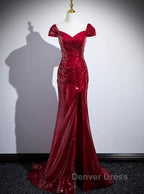 Dark Red Sequins Mermaid Sweetheart Prom Dress, Dark Red Prom Dresses