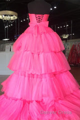 Elegant Strapless Layered Hot Pink Long Prom Dresses with Slit