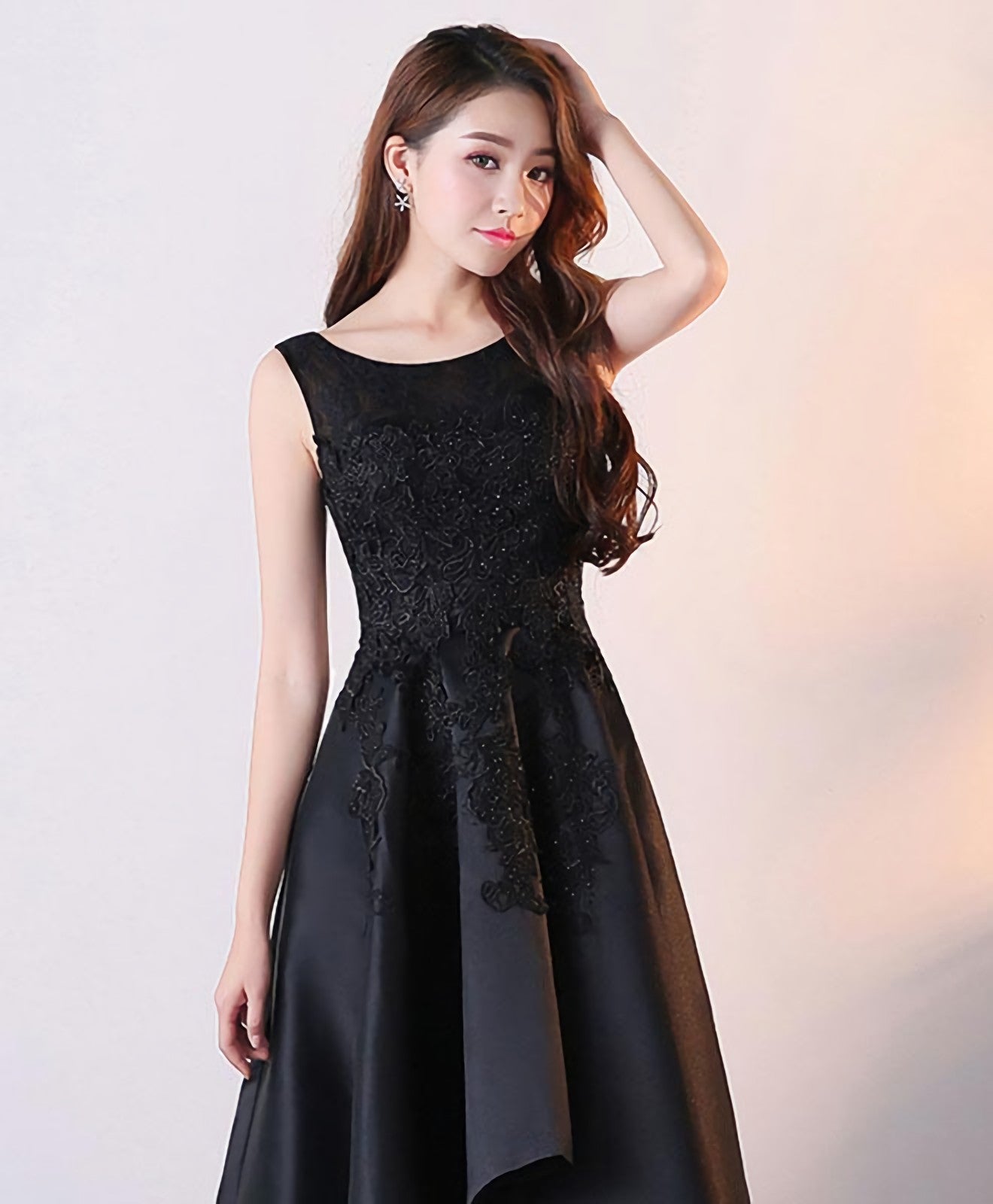 Black Round Neck Satin Lace High Low Prom Dress Black Homecoming Dresses