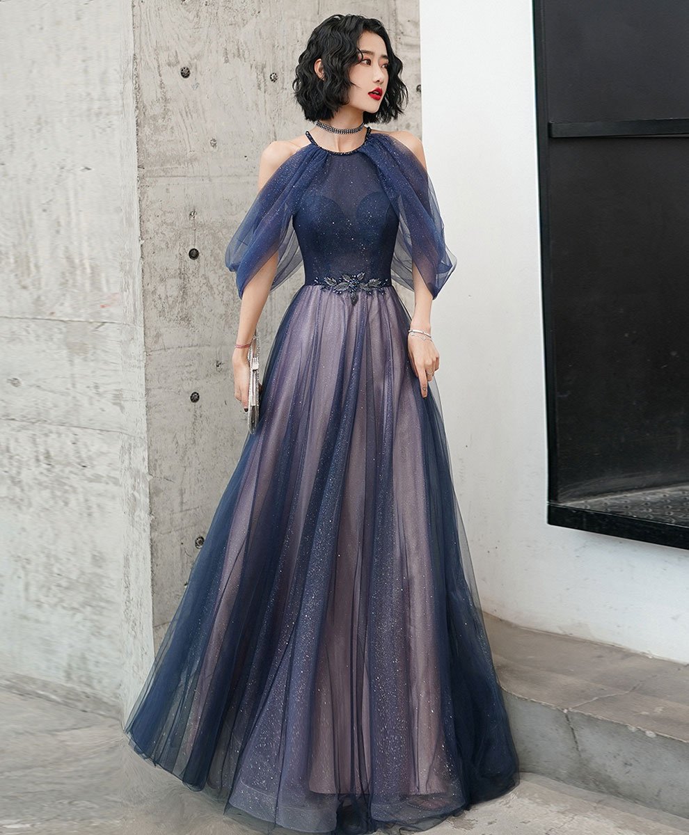 Blue Tulle Sequin Long Prom Dress Blue Tulle Prom Dresses