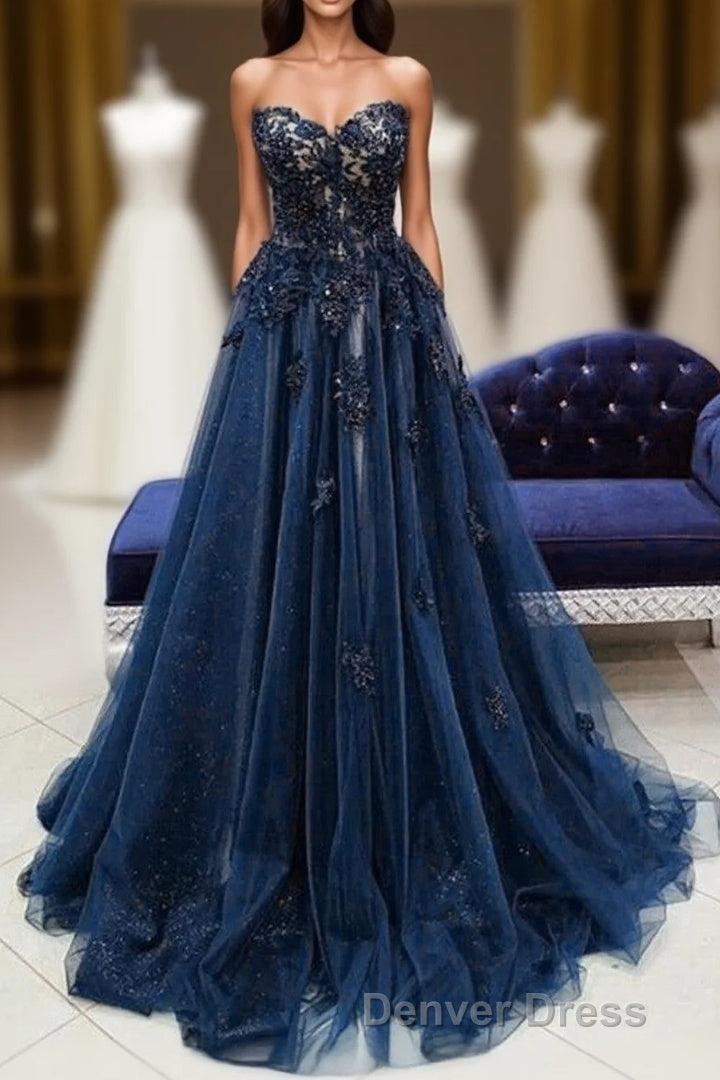 Navy Blue Tulle With Lace Sweetheart Long Formal Dresses, Blue Long Prom Dresses Main image
