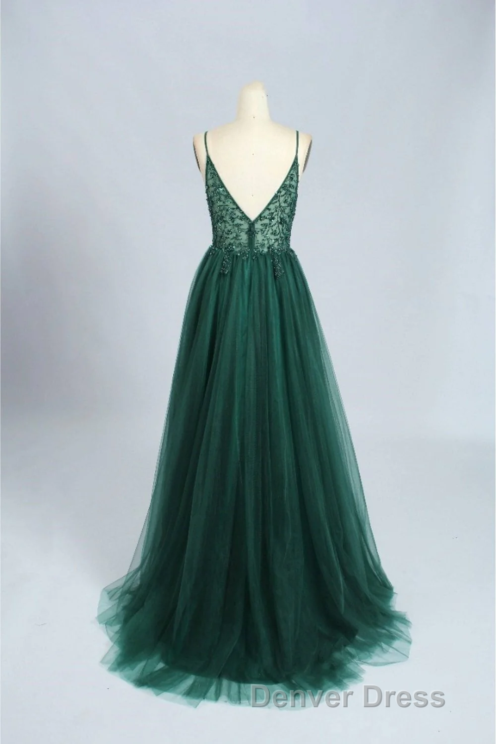 Green V-Neckline Beaded Tulle Floor Length Party Dresses, A-Line Green Prom Dresses Secondary image