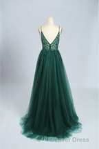 Green V-Neckline Beaded Tulle Floor Length Party Dresses, A-Line Green Prom Dresses