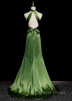 Green Soft Satin Halter Long Evening Dresses Party Dresses, Green A-line Prom Dresses