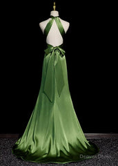 Green Soft Satin Halter Long Evening Dress Party Dress, Green A-line Prom Dress