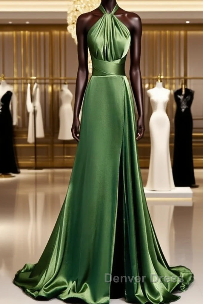 Green Soft Satin Halter Long Evening Dresses Party Dresses, Green A-line Prom Dresses Main image