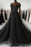 Black Off Shoulder Tulle Long Evening Dresses Prom Dresses, Black Lace Formal Dresses