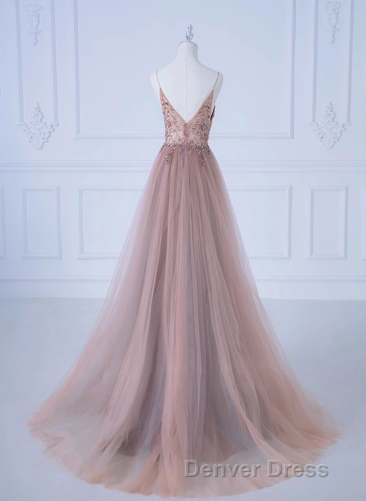 Pink V-Neckline Beaded Straps Long Party Dresses, A-Line Pink Tulle Floor Length Prom Dresses