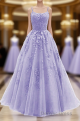 Light Purple Straps Lace-Up Long Formal Dresses, Light Purple Long Evening Dresses Prom Dresses