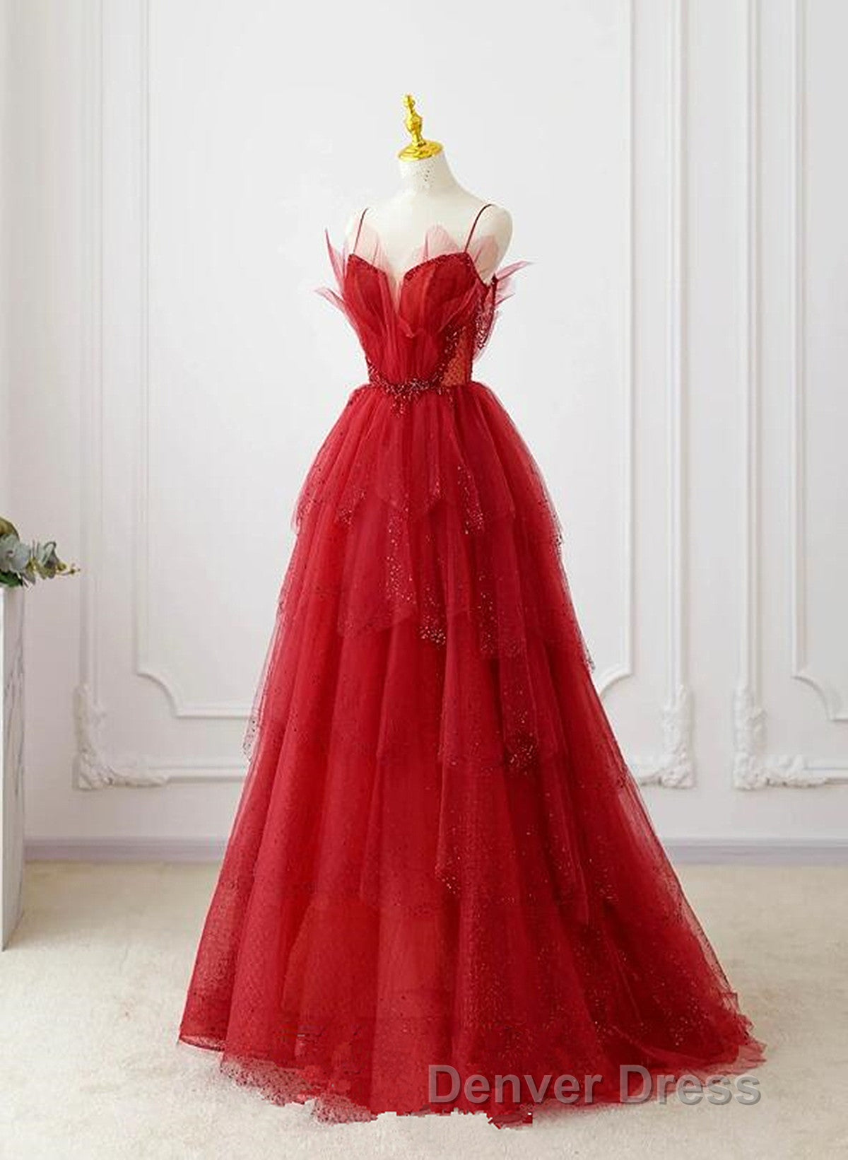 A Line Tulle Layers Beaded Straps Long Prom Dress, Tulle Prom Dress