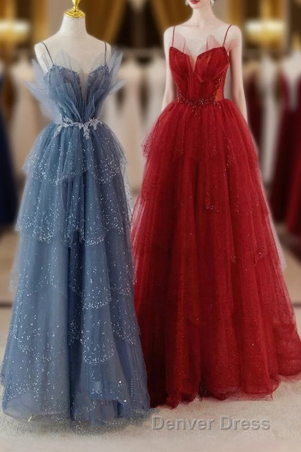 A-Line Tulle Layers Beaded Straps Long Party Dresses, Tulle Prom Dresses Evening Dresses Main image