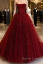 Wine Red Tulle Scoop Long Formal Dresses, Wine Red Tulle Prom Dresses Party Dresses