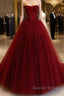 Wine Red Tulle Scoop Long Formal Dresses, Wine Red Tulle Prom Dresses Party Dresses