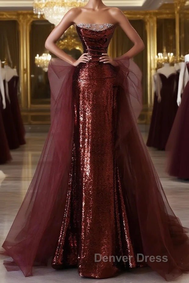 Wine Red Sequins and Tulle Beaded Long Party Dresses, Wine Red Evening Dresses Main image