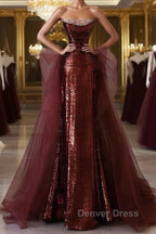 Wine Red Sequins and Tulle Beaded Long Prom Dress, Wine Red Prom Dresses