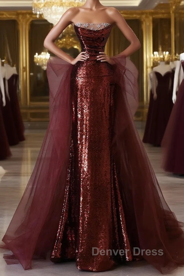 Wine Red Sequins and Tulle Beaded Long Prom Dress, Wine Red Prom Dresses