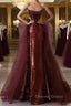 Wine Red Sequins and Tulle Beaded Long Prom Dress, Wine Red Prom Dresses