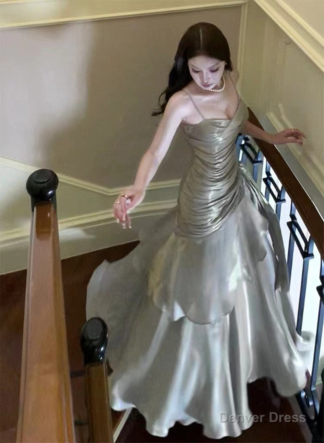 Sliver Grey Satin Straps Long Prom Gowns, Cute Long Prom Dresses Main image