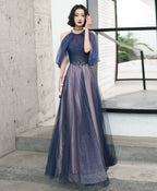 Blue Tulle Sequin Long Prom Dress Blue Tulle Prom Dresses