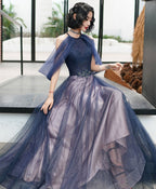 Blue Tulle Sequin Long Prom Dress Blue Tulle Prom Dresses