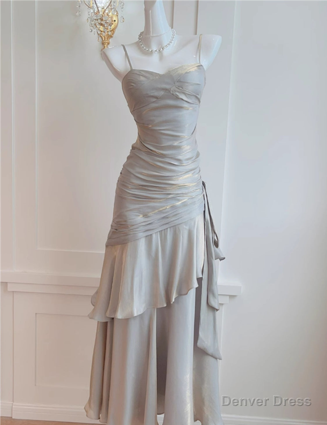 Sliver Grey Satin Straps Long Prom Gowns, Cute Long Prom Dresses