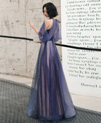 Blue Tulle Sequin Long Prom Dress Blue Tulle Prom Dresses