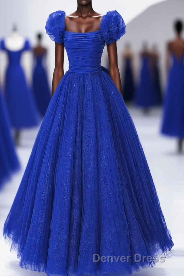 Royal Blue Scoop Tulle Short Sleeves Long Prom Dresses, Royal Blue A-Line Party Dresses Main image