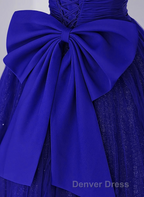 Royal Blue Scoop Tulle Short Sleeves Long Prom Dresses, Royal Blue A-Line Party Dresses