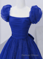 Royal Blue Scoop Tulle Short Sleeves Long Prom Dresses, Royal Blue A-Line Party Dresses