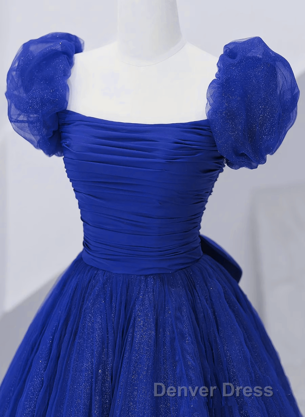 Royal Blue Scoop Tulle Short Sleeves Long Prom Dresses, Royal Blue A-Line Party Dresses