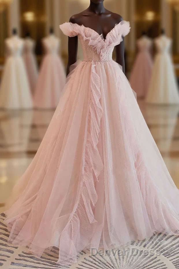 Pink Tulle Off The Shoulder A-Line Tulle Ruffles Floor-Length Prom Dresses, Pink Long Party Dresses Main image