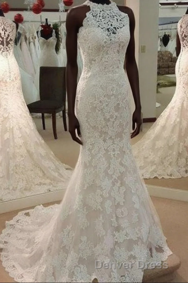 High Neck Mermaid Ivory Lace Wedding Dresses Main image