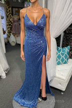 High Slit Blue Sequins Straps Mermaid Prom Dresses