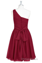 Wine Red Chiffon One Shoulder Gathered Short Bridesmaid Dresses