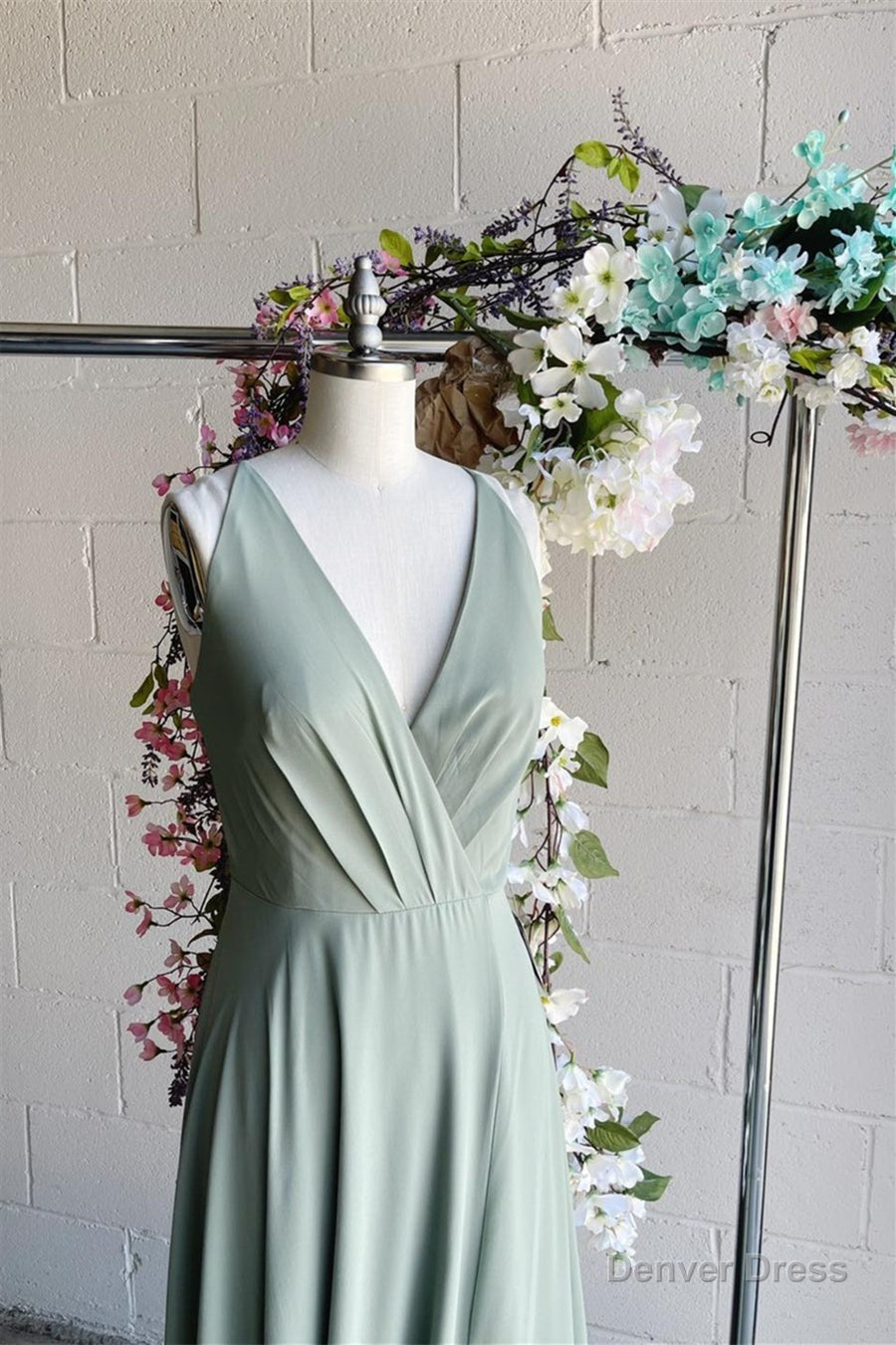 Light Green A Line V Neck Pleated Sleeveless Chiffon Long Bridesmaid Dresses Secondary image