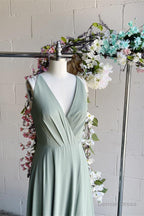 Light Green A Line V Neck Pleated Sleeveless Chiffon Long Bridesmaid Dresses