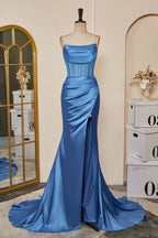 Blue Pleated Strapless Mermaid Satin Long Prom Dresses with Slit