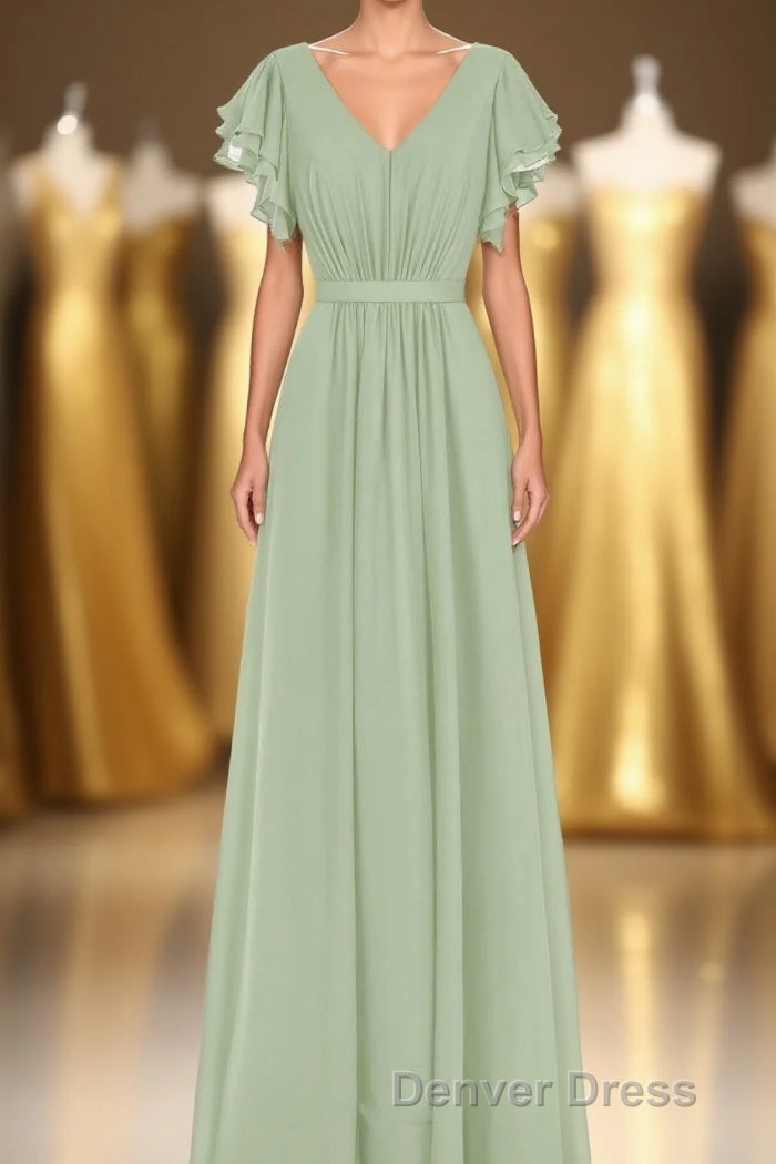 Elegant Sage Green Ruffled A-Line Long Bridesmaid Dresses Main image