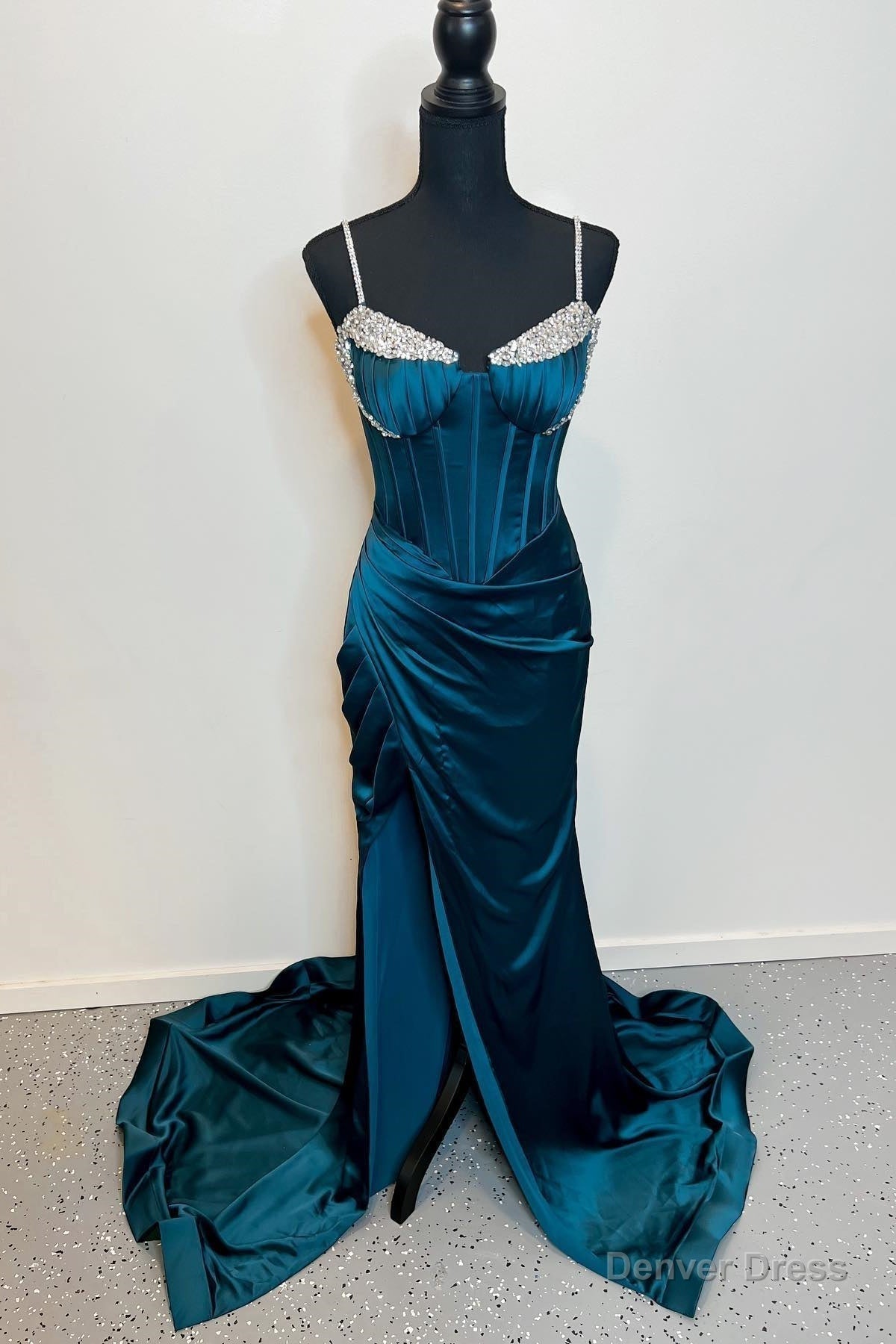 Dark Blue Mermaid Beaded Pleated Satin Long Prom Dress with Slit Main image