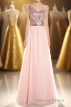 One Shoulder Sequin and Chiffon A Line Long Bridesmaid Dresses