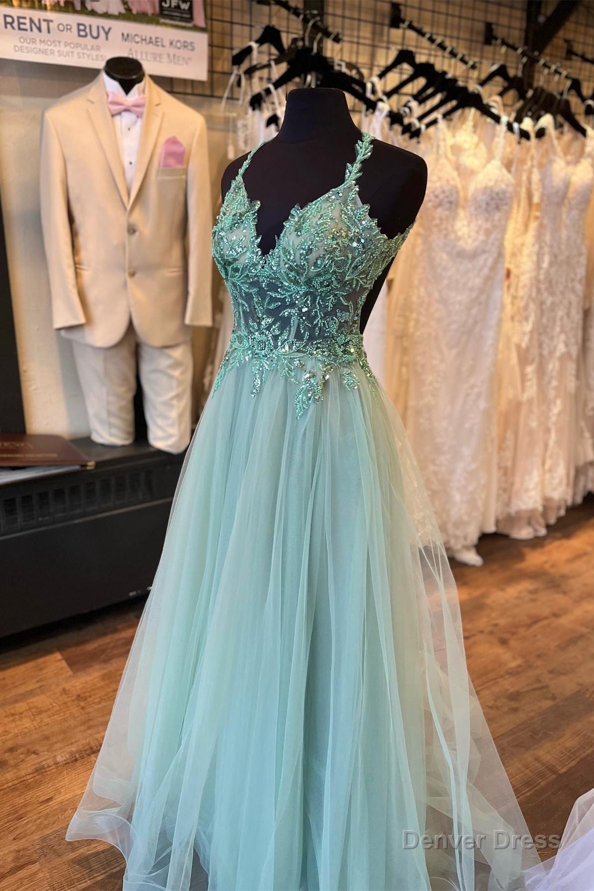 Dusty Sage Flower Straps Beaded V Neck Long Prom Dresses Main image