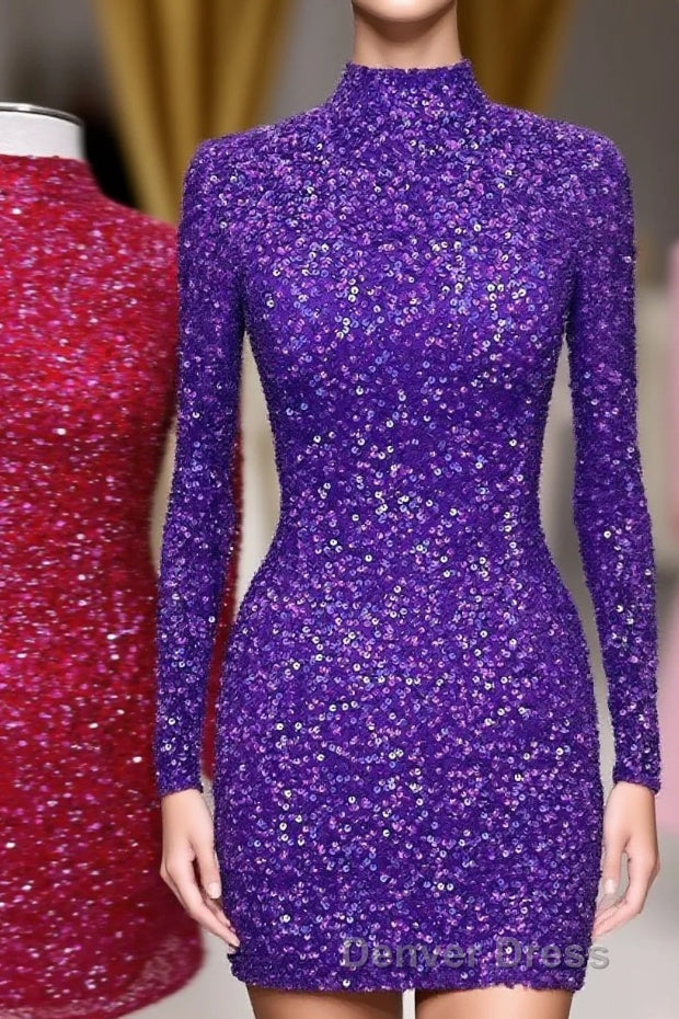 Regency High Neck Long Sleeves Sequins Keyhole Homecoming Dresses Main image