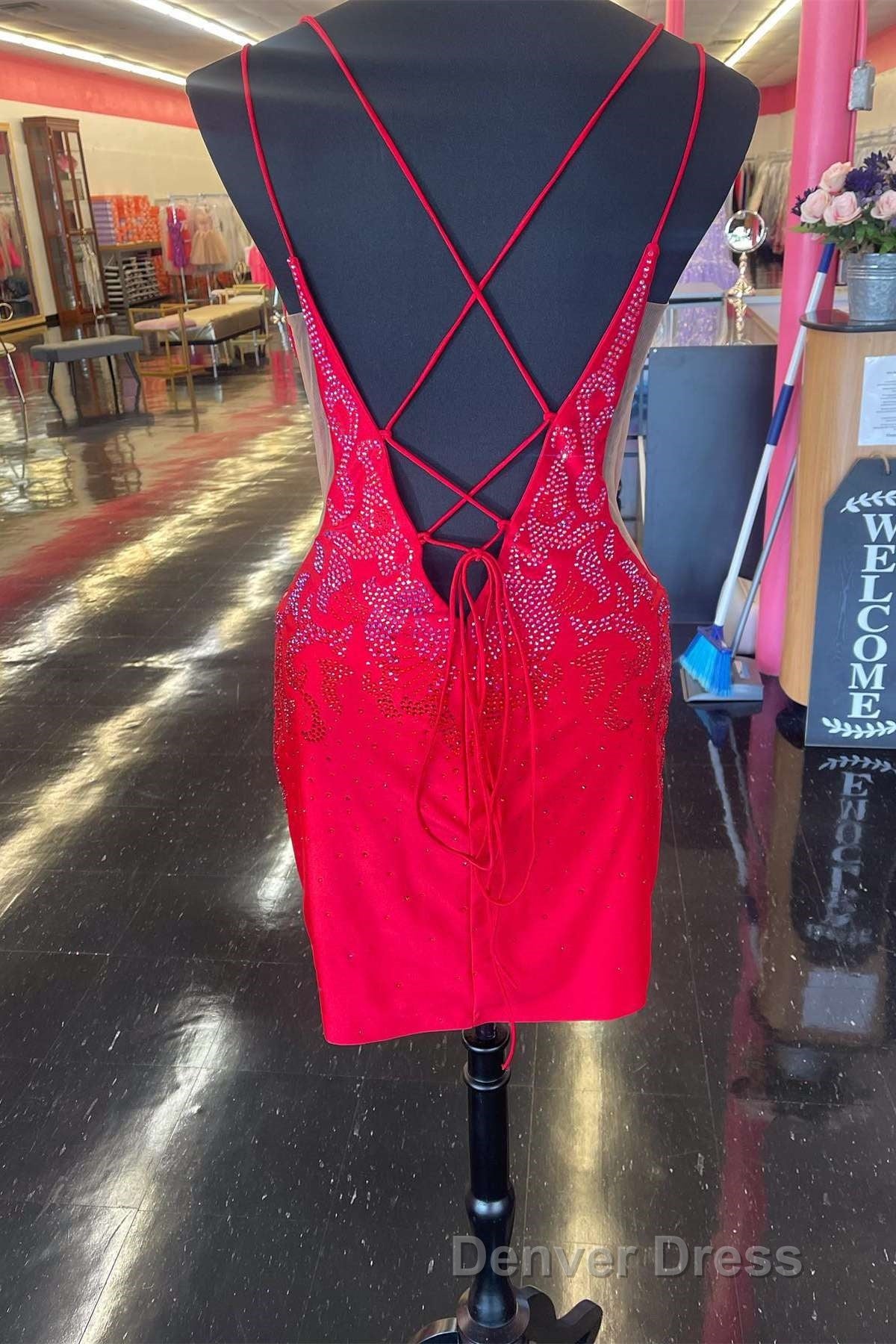 Royal Blue Beaded Plunge V Lace-Up Short Homecoming Dresses